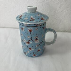 Asian Chinese Tea Mug with and infuser and lid, loose leaf tea, floral print
